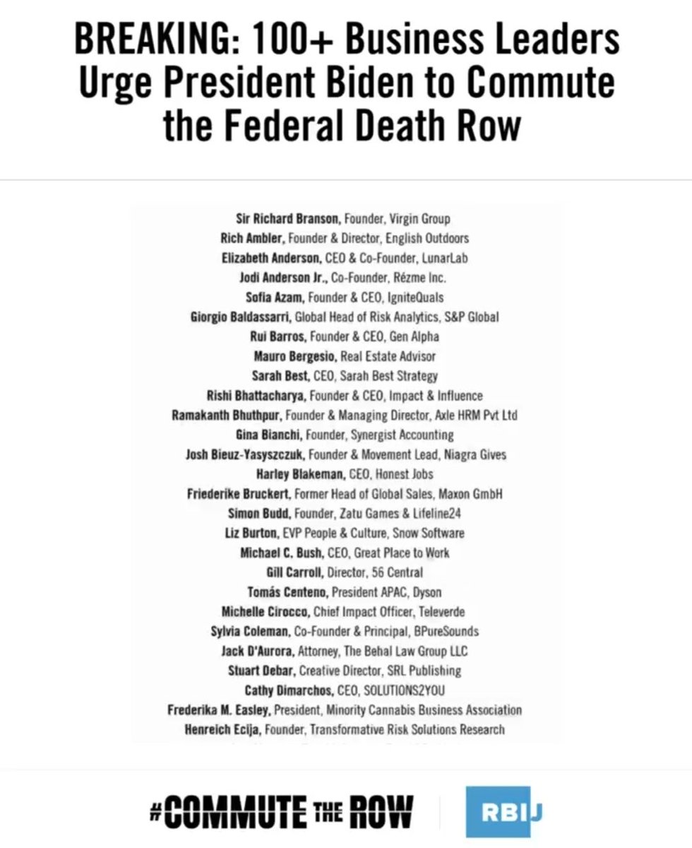 sdebar's tweet image. Proud to join Sir Richard Branson and over 100 business leaders in urging President Biden to commute all death sentences before leaving office. The death penalty is unethical, wasteful, and deeply flawed. #CommuteTheRow