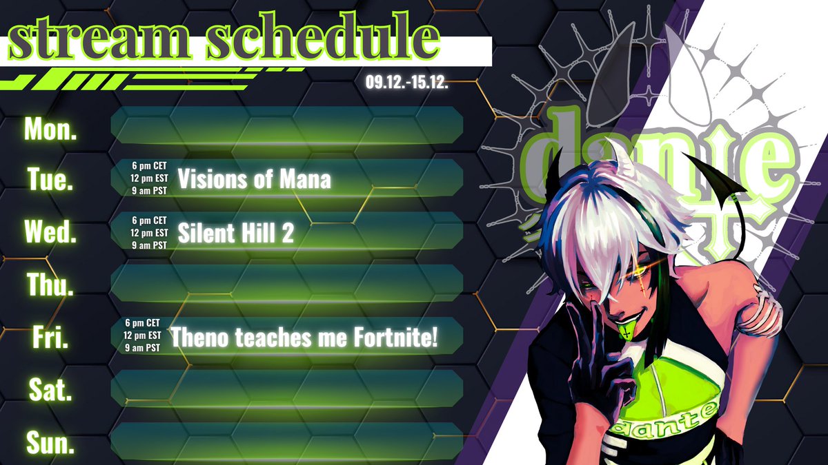 [ schedule 09.12. - 15.12. ] 

⟡ #VTuber ⟡ #ENVTuber ⟡ #VTuberEN ⟡