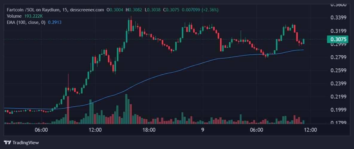 $FARTCOIN/SOL passes all key filters:

• $33.2M 24-hour trading volume exceeds minimum threshold

• Market cap of $307.9M surpasses minimum requirements

• Price is currently testing support near $0.3075, after a strong rally

Bullish Analysis:

• Volume strength: The high