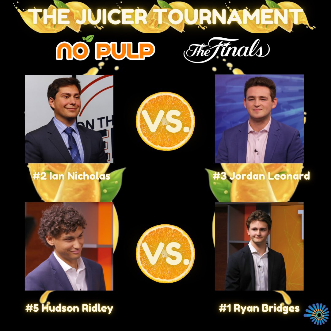 Tonight on No Pulp, a champion will be crowned in the first ever Juicer Tournament! Here are the tonight’s matchups:

#2 <a href="/IanNicholasTV/">Ian Nicholas</a> vs. #3 <a href="/JLeonard1013/">Jordan Leonard</a>

#5 <a href="/Hudson_Ridley/">Hudson Ridley</a> vs. #1 <a href="/RyanBridgesTV/">Ryan Bridges</a>

Tune into tonight’s show on the CitrusTV YouTube page!