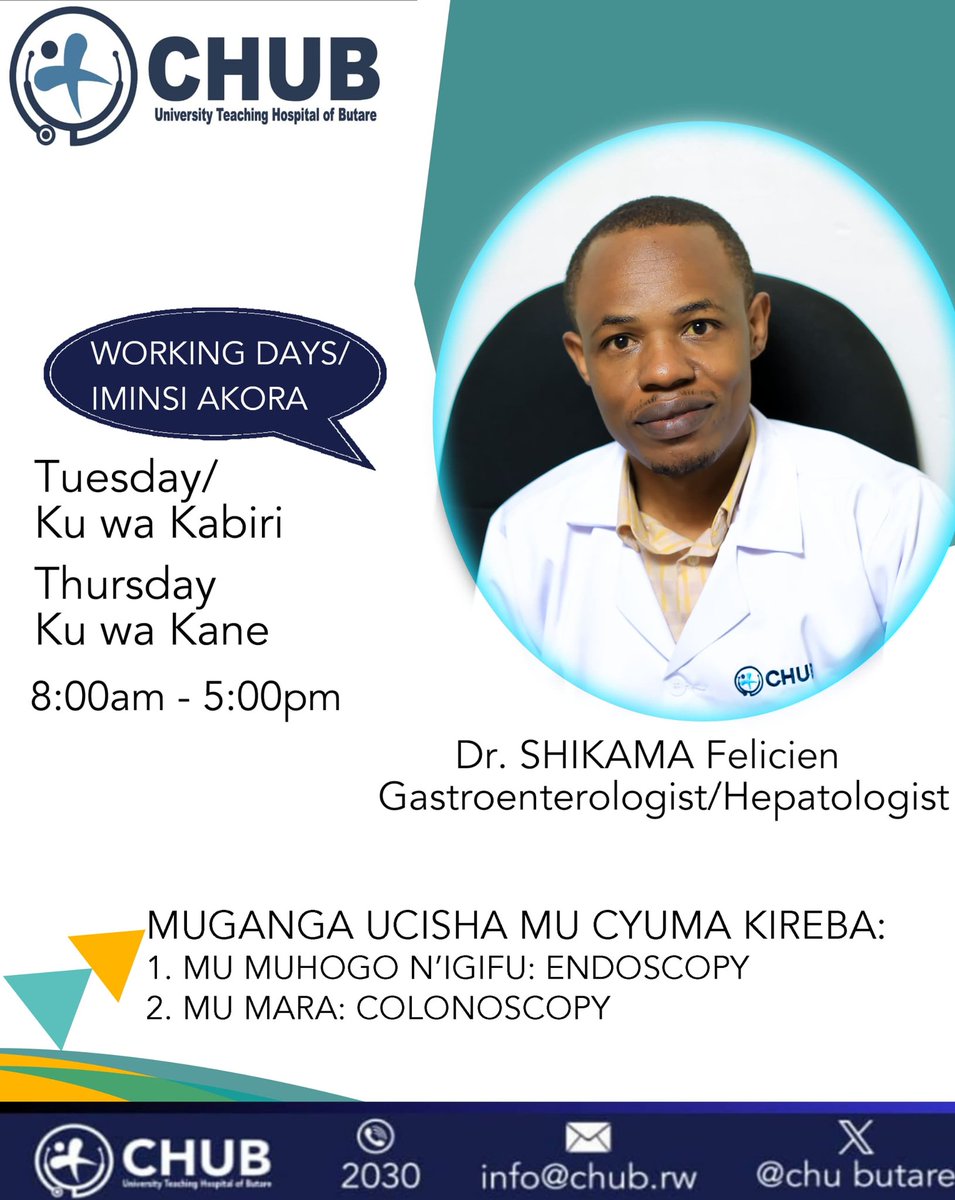 Tubafitiye inzobere zisuzuma zikanacisha mu cyuma abarwayi bafite indwara zifata urwungano-ngogozi n'umwijima. 
1. Dr. Monica: Asuzuma ku wa 2, akora Endoscopy ku wa 1 &amp;4, Colonoscopy ku wa  3 &amp;5

2. Dr. Shikama: Asuzuma ku wa 1 &amp; 3, akora Endoscopy: ku wa 2, Colonoscopy: ku wa 4