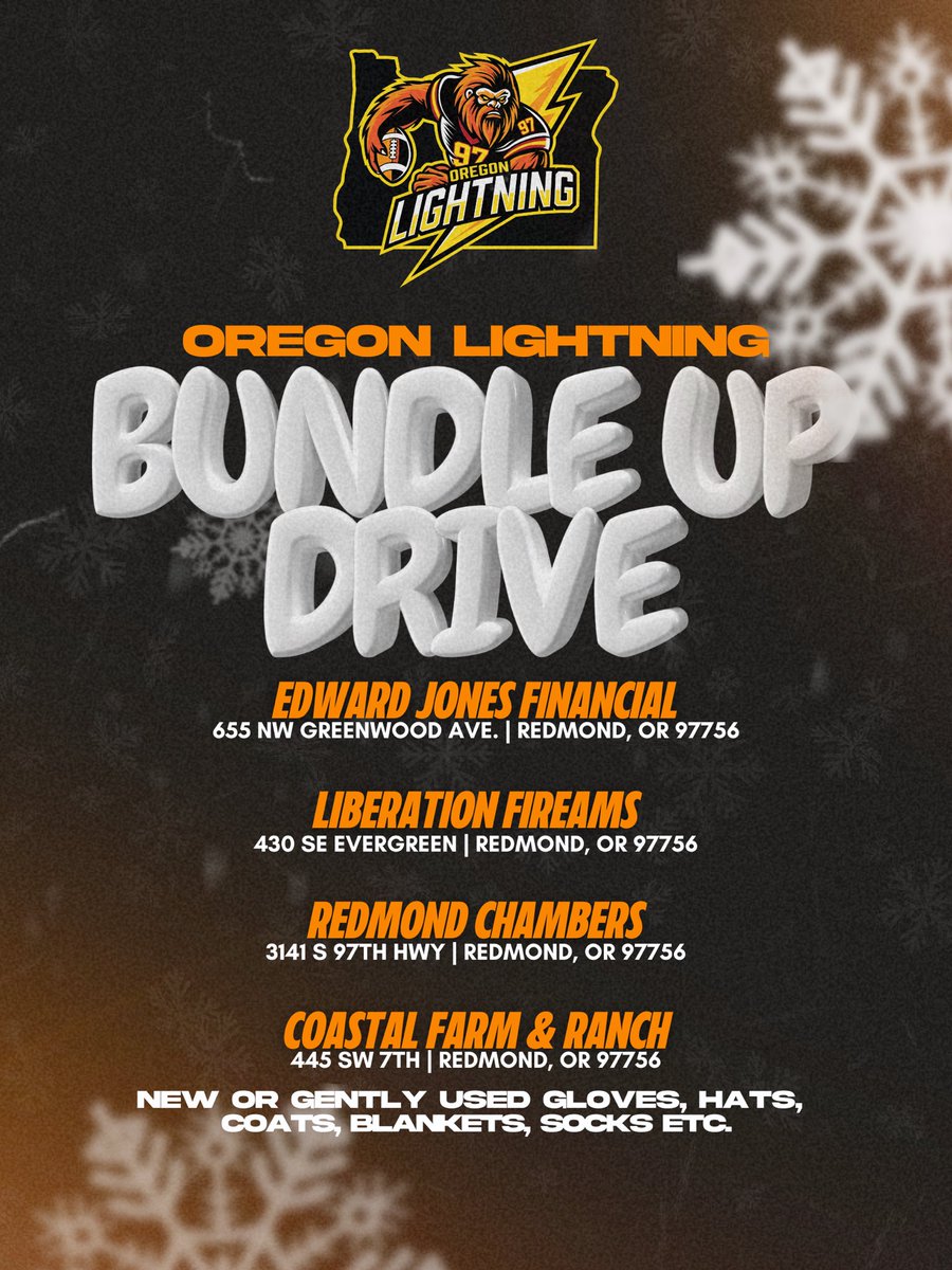 af1lightning's tweet photo. Join us in spreading warmth this winter! We’re hosting a Bundle Up Drive to collect new or gently used gloves, hats, coats, blankets, socks, and more for those in need.
Thank you, all! #SquatchEm ⚡️ https://t.co/VTtNcOoR6Z