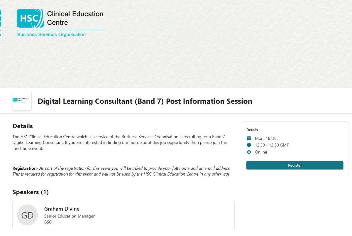 Clinical Education Centre - CEC (@hsccec) on Twitter photo <a href="/HSCCEC/">Clinical Education Centre - CEC</a> are running a short information session on our Digital Learning Consultant post. If you have applied or are thinking about applying for this permanent post then please join this online session to find out more.
To register follow this link
events.teams.microsoft.com/event/a582a8d4… <a href="/HSCCEC/">Clinical Education Centre - CEC</a> are running a short information session on our Digital Learning Consultant post. If you have applied or are thinking about applying for this permanent post then please join this online session to find out more.
To register follow this link
events.teams.microsoft.com/event/a582a8d4…