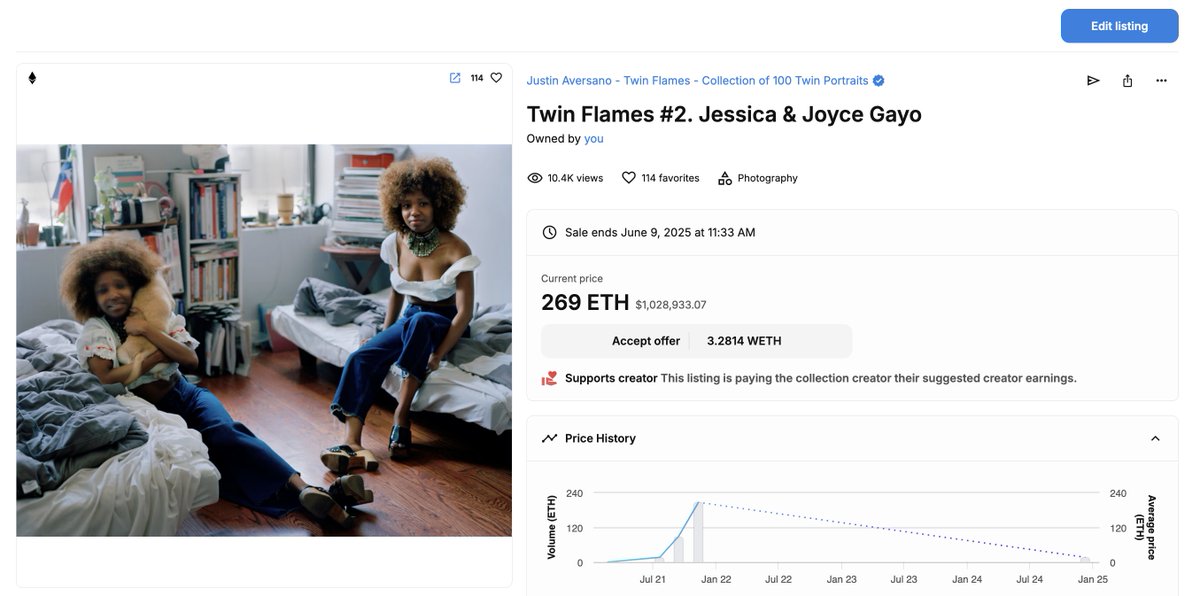 Just bought back Twin Flames #2 for 16.99 ETH from a liquidated fund. 

It was third on the floor. It was the highest selling Twin Flames on Opensea in 2021 for 207 ETH. Now repriced at a price it deserves. 

Have conviction in your self, or nothing at all; Skin in the game.