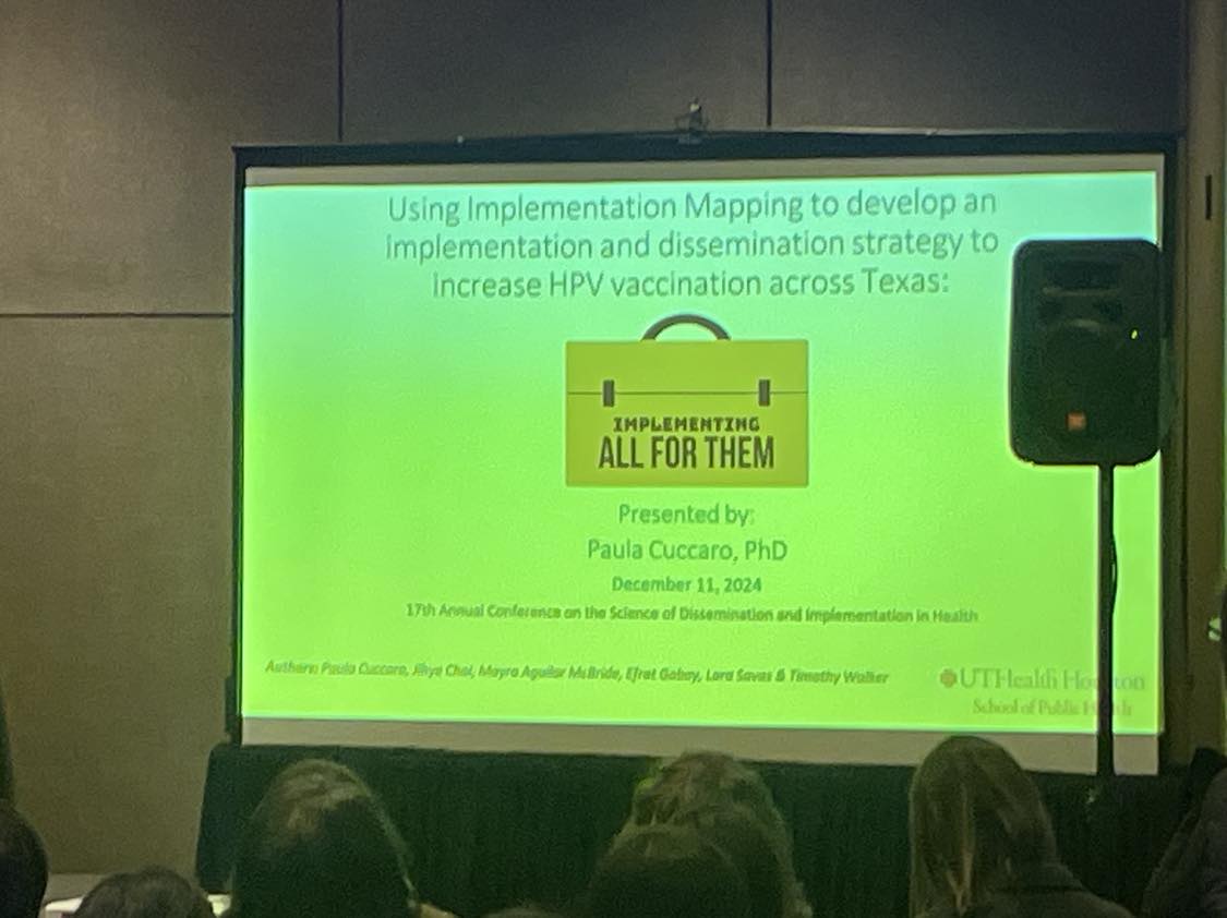 UTHpromotion's tweet photo. Paula Cuccaro talks about using #ImplementationMapping to plan dissemination of the All for Them HPV vaccination program.

Standing room only! #DIScience24 https://t.co/tlaSqeJsko