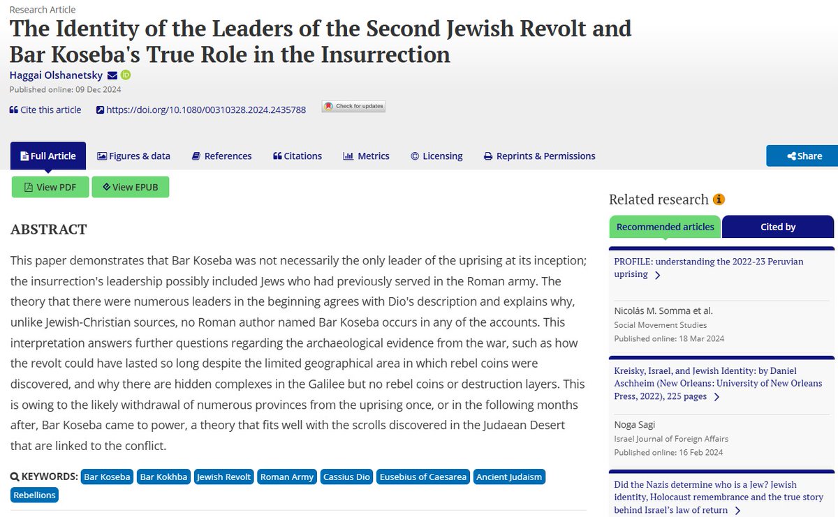 Thank you to the #Palestine #Exploration #Quarterly <a href="/tandfonline/">Taylor & Francis Research Insights</a> <a href="/RoutledgeHist/">Routledge History, Heritage Studies & Archaeology</a> for #publishing my #article on the #Second #Jewish #Revolt and Bar Koseba's true role in this #war against the #Romans:
tandfonline.com/doi/full/10.10…