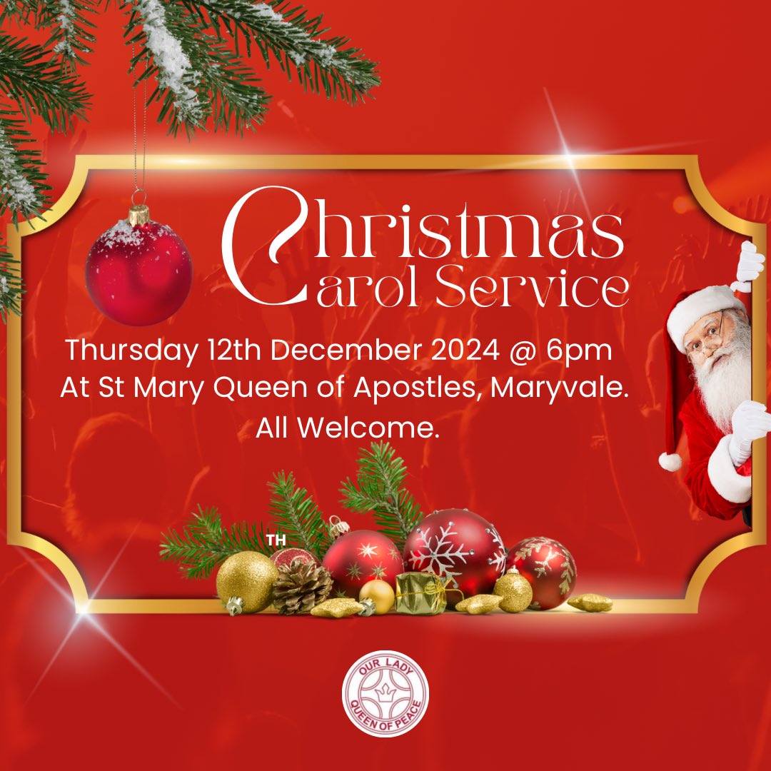 🎶 CHRISTMAS CAROL SERVICE 🎶 

Thursday 12th December @ 6pm, OLQP’s Carol service will take place at St Mary’s Queen of Apostles, Maryvale.

All parishioners are welcome ❤️
