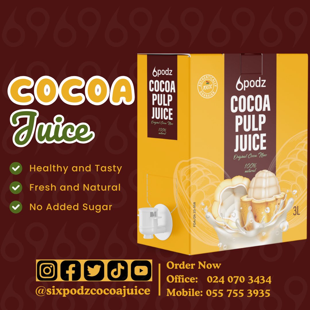 Sixpodz_6's tweet photo. Sip into wellness with. Where health meets taste! Made from fresh, natural cocoa pulp, our juice is packed with antioxidants, boosts heart health, and supports your immune system, all with no added sugar.
Start your journey to a healthier you, one sip at a time.

#CocoaPower #Sip https://t.co/PuTPno6RIF