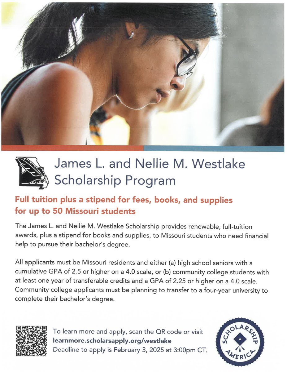 Check out this scholarship opportunity for seniors who are planning on pursuing a bachelor's degree after high school! Head over to learnmore.scholarsapply.org/westlake for more information and to begin your application!