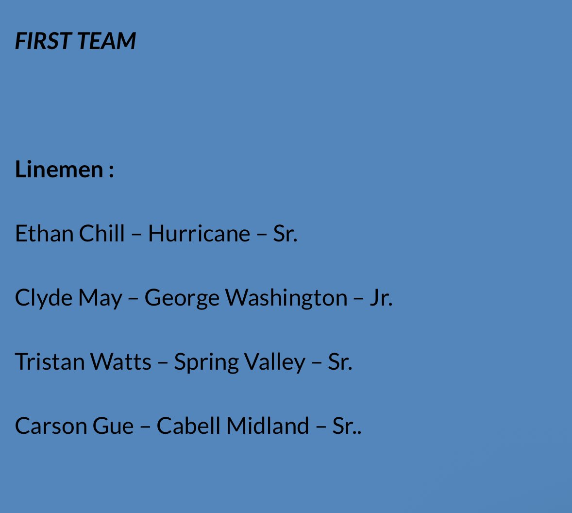 1st Team All Conference MSAC 
D LINE 
<a href="/RedskinsFTBL/">Hurricane High School Football</a> @RedskinStrength <a href="/CoachDMays/">Coach Donnie Mays</a>