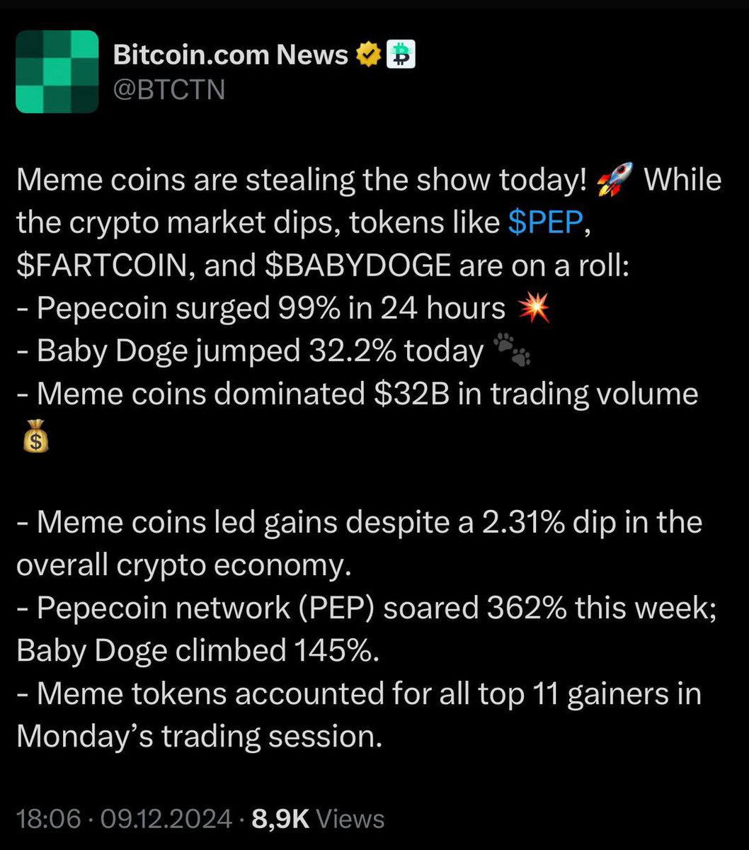 jay_jupbot's tweet photo. While the crypto market is falling, #memecoins are showing significant growth 📈

$PEP is up 99% in 24 hours, while $BABYDOGE is up 32.2%

Memecoins dominate the market with $32 billion in trading volume despite the overall market decline of 2.31%

They have all 11 positions among the leaders of growth today!