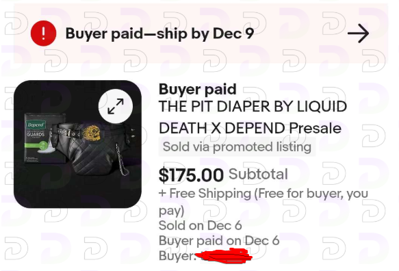 Liquid Death x Depend: The Pit Diaper 💀🩲

Retailing for $75, reselling for $175—who knew there was a market for rockstar approved man diapers? 😂

Divine members turned this gag gift into serious cash.

Lowkey flips like this are pure gold. Join Divine and profit from the