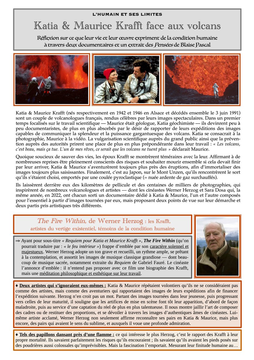 trineor's tweet photo. Ça y est, ce cours s'est fait ! (Sur 6h environ.) Voici le livret de quatre pages synthétisant ce qui s'y est dit.

— Réflexion sur ce que la vie et l'œuvre des Krafft expriment de la condition humaine, à travers deux documentaires et un extrait des Pensées de Pascal. https://t.co/dju9uRfJMD
