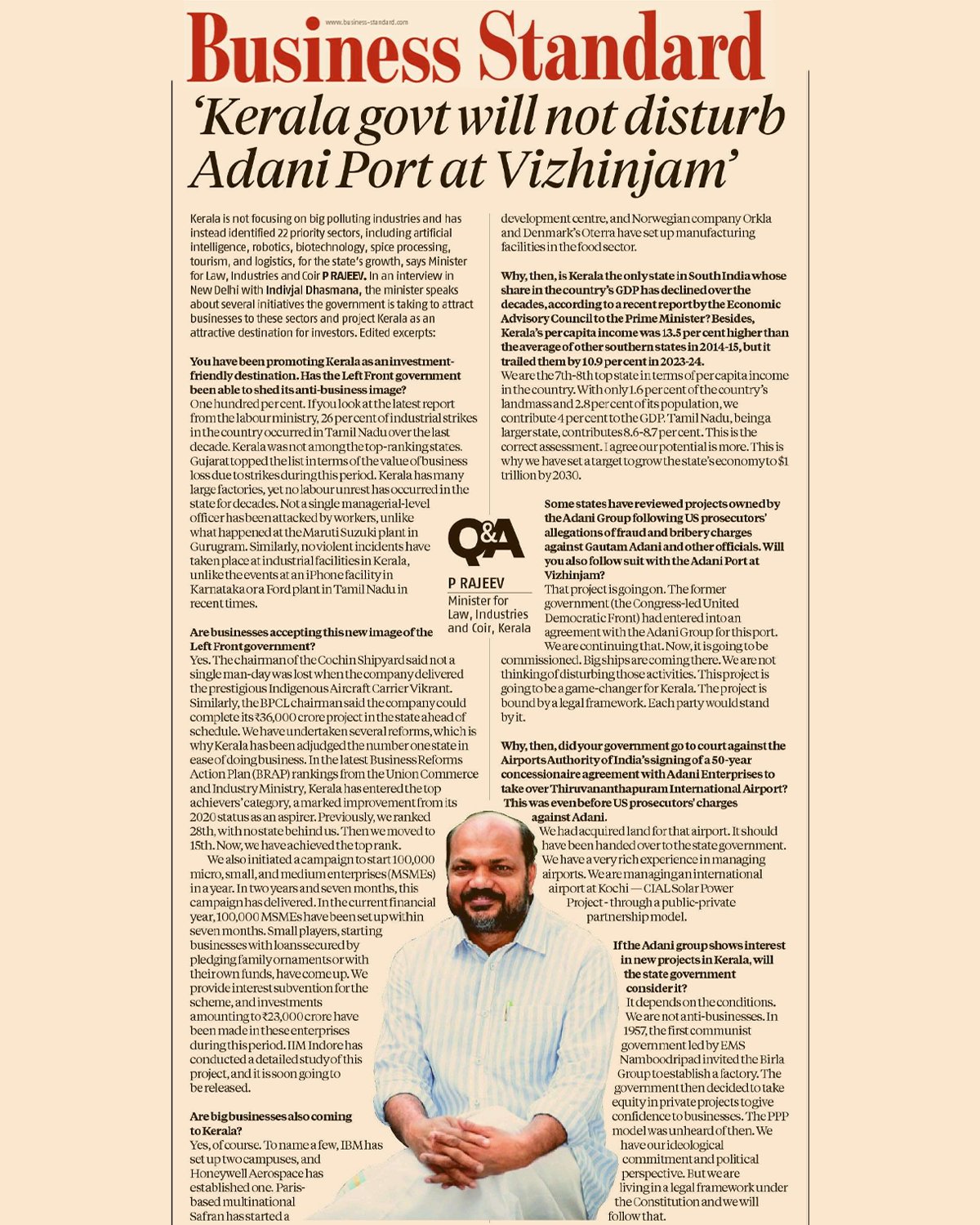 P Rajeev on X: &ldquo;Today&rsquo;s edition of Business Standard features an 