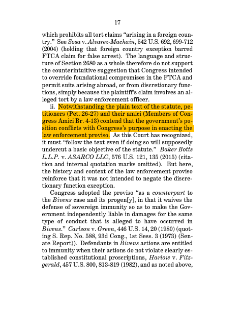 pjaicomo's tweet image. The U.S. Solicitor Gen. filed a BIO to the cert pet in the #WrongHouseRaid case Martin v. U.S. 

Sen. Paul and a bipartisan group of Congress members filed an amicus explaining why @IJ should prevail under the FTCA.

But the SG says Congress is wrong about what its statute means.