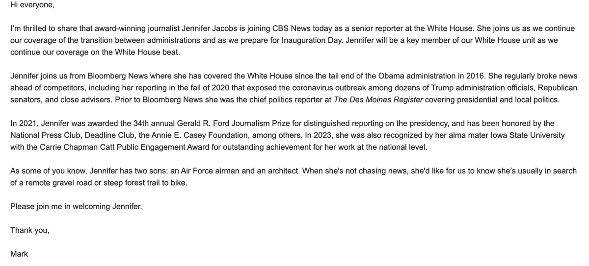 maxwelltani's tweet photo. Per a note to CBS staff, Jennifer Jacobs is joining CBS News covering the White House https://t.co/MrcEwWkkAE