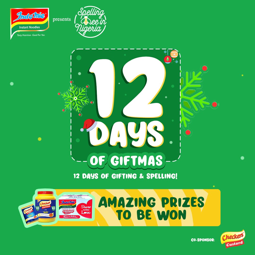 spellingbeeinNG's tweet photo. On the first day of #Giftmas, our headline sponsor @IndomieNigeria, and our co-sponsor @CheckersCustard are inviting you to join the #SpINChallenge!
Are you ready?
Swipe for more details.
#SpIN #SpellingBeeInNigeria #12DaysOfGiftmas https://t.co/8f50Zkpi8D