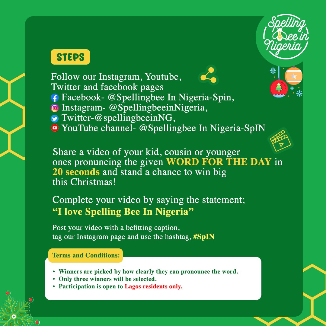 spellingbeeinNG's tweet photo. On the first day of #Giftmas, our headline sponsor @IndomieNigeria, and our co-sponsor @CheckersCustard are inviting you to join the #SpINChallenge!
Are you ready?
Swipe for more details.
#SpIN #SpellingBeeInNigeria #12DaysOfGiftmas https://t.co/8f50Zkpi8D