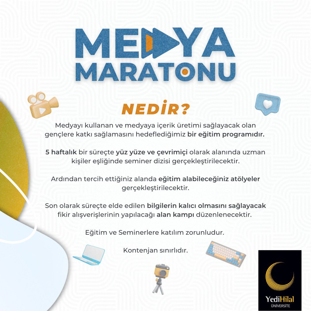 yedihilaluni's tweet photo. 🎥 MEDYA MARATONU BAŞLIYOR!🎙️

Medya alanında içerik üretmek ve bu sektörde yetkinlik kazanmak isteyenler için benzersiz bir fırsat! 
Sizleri alanında uzman isimlerle dolu, 3 aşamadan oluşan Medya Maratonu'na davet ediyoruz!🚀

Genç Arkadaşım sende bizimle bu heyecanlı maratonda yer almak istersen https://t.co/PG0mgKuDg9 adresinden başvurunu yapabilirsin.

🗓️Son Başvuru Tarihi: 23 Aralık