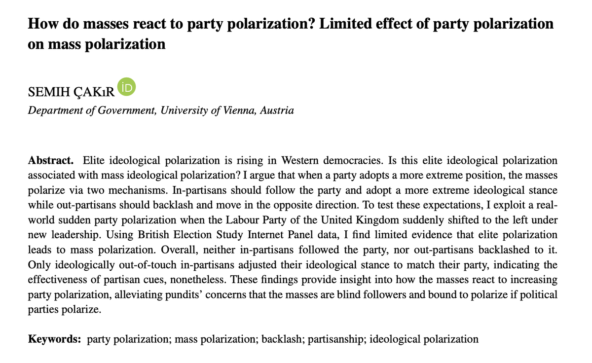 🚨Does elite ideological polarization lead to mass ideological polarization? 

My latest article in European Journal of Political Research (<a href="/EJPRjournal/">EJPR journal</a>) provides **limited** evidence that it is the case. 

Let's break it down 🧵