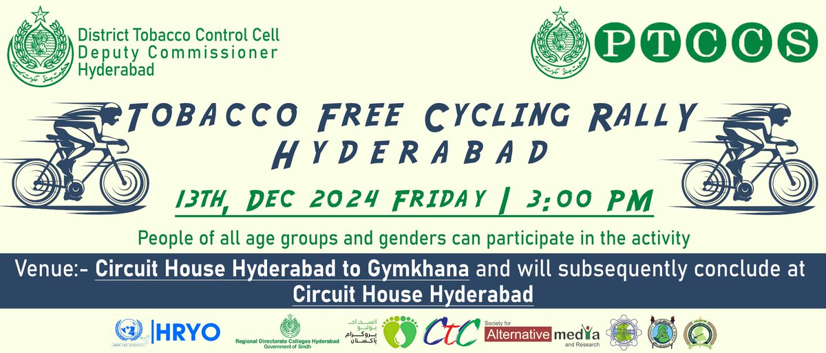 PTCCSindh's tweet photo. Tobacco Free Cycling Rally in Hyderabad, Sindh Pakistan.
 #TobaccoFreeSindh
#TobaccoFreeHyderabad https://t.co/1cKCz8RRx3