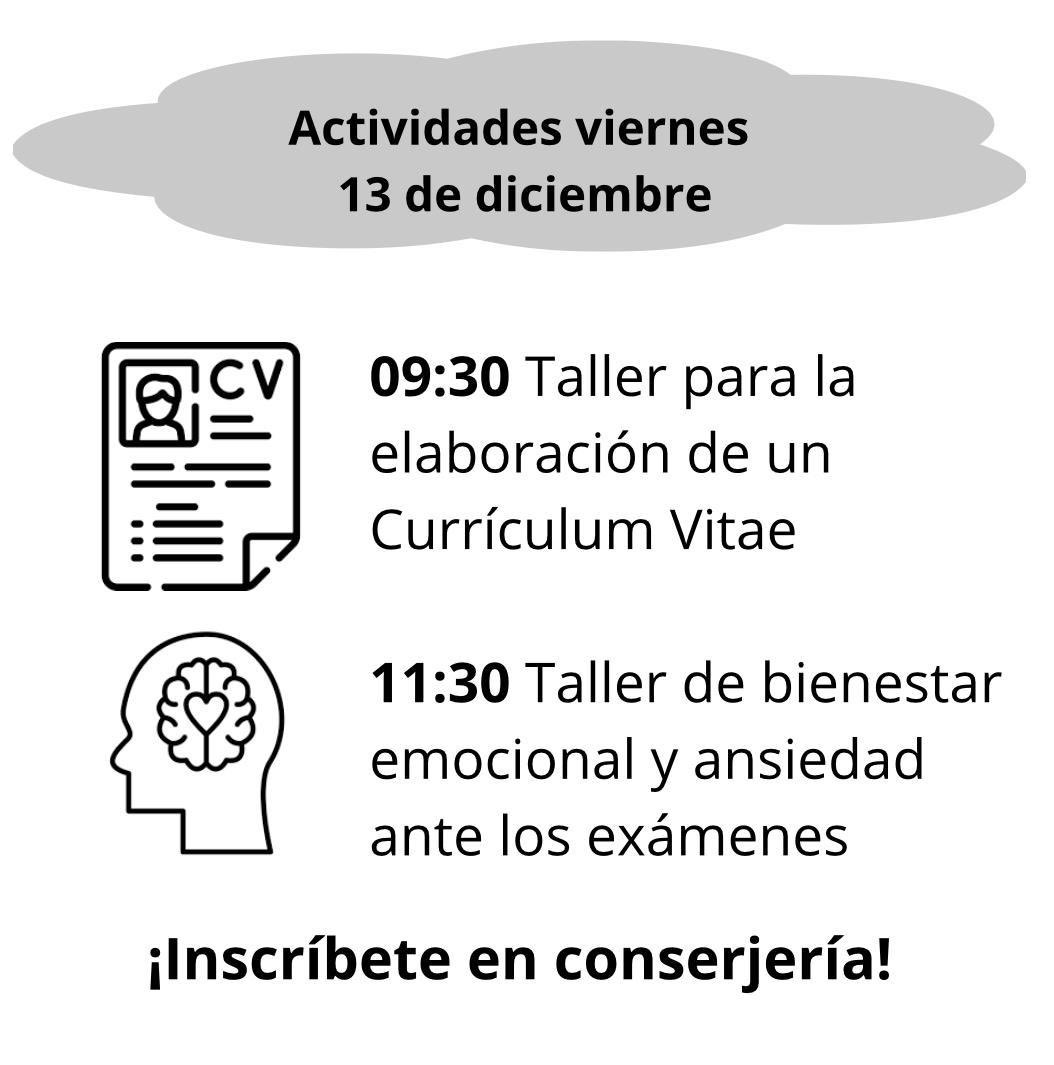 🔸Dos talleres muy útiles para el presente, pero también para el futuro de nuestro alumnado.

-9:30h. Taller para hacer un CV. Aula 17. 30 plazas máx.
-11:30h. Taller de bienestar emocional y ansiedad ante los exámenes. Hasta completar aforo del aula 22.
