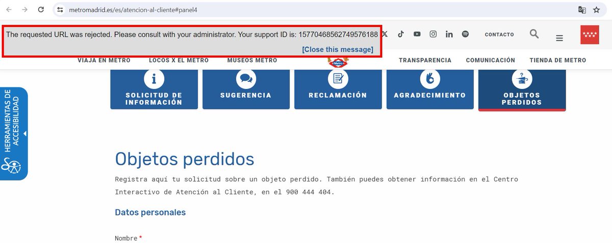 AkaneGF's tweet image. Hola, @metro_madrid 
Llevo una semana intentando realizar el formulario de objetos perdidos de la web y me da constantemente error: