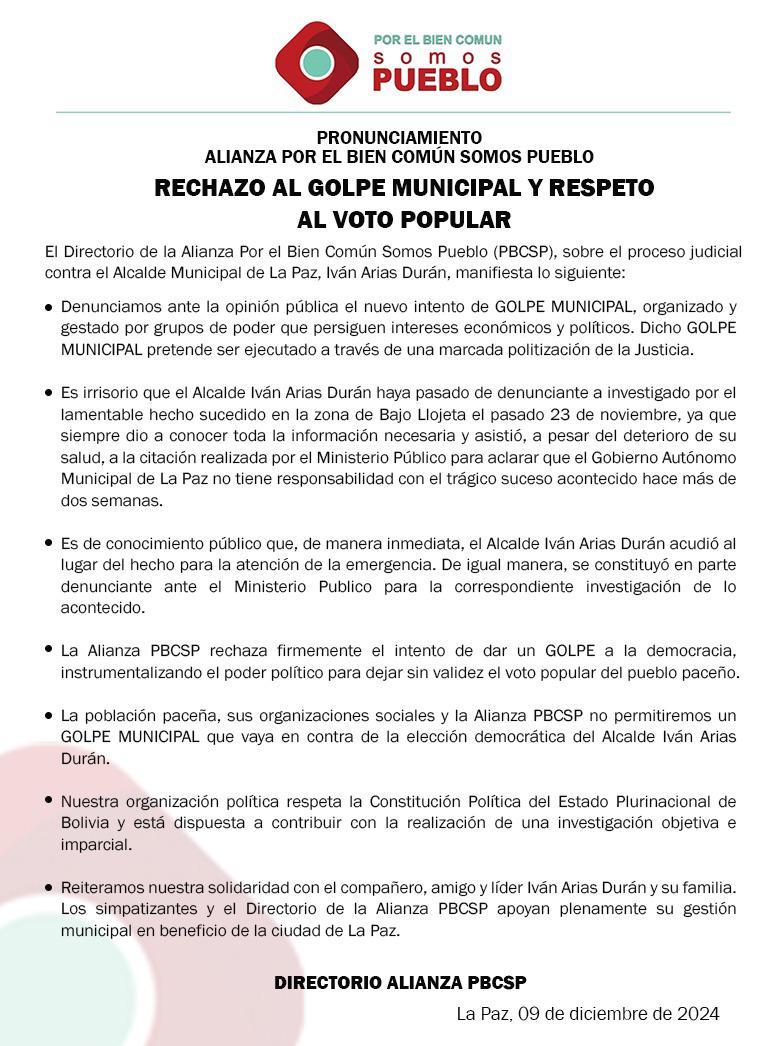 #NoticiasLaPaz
#Ultimo
Alianza PBCSP, se pronuncia en rechazo al golpe municipal. Respaldamos a nuestro lider politico #IvanArias ante cualquier intento de golpe y persecusion politica.
#LaPaz
#AlianzaPBCSP