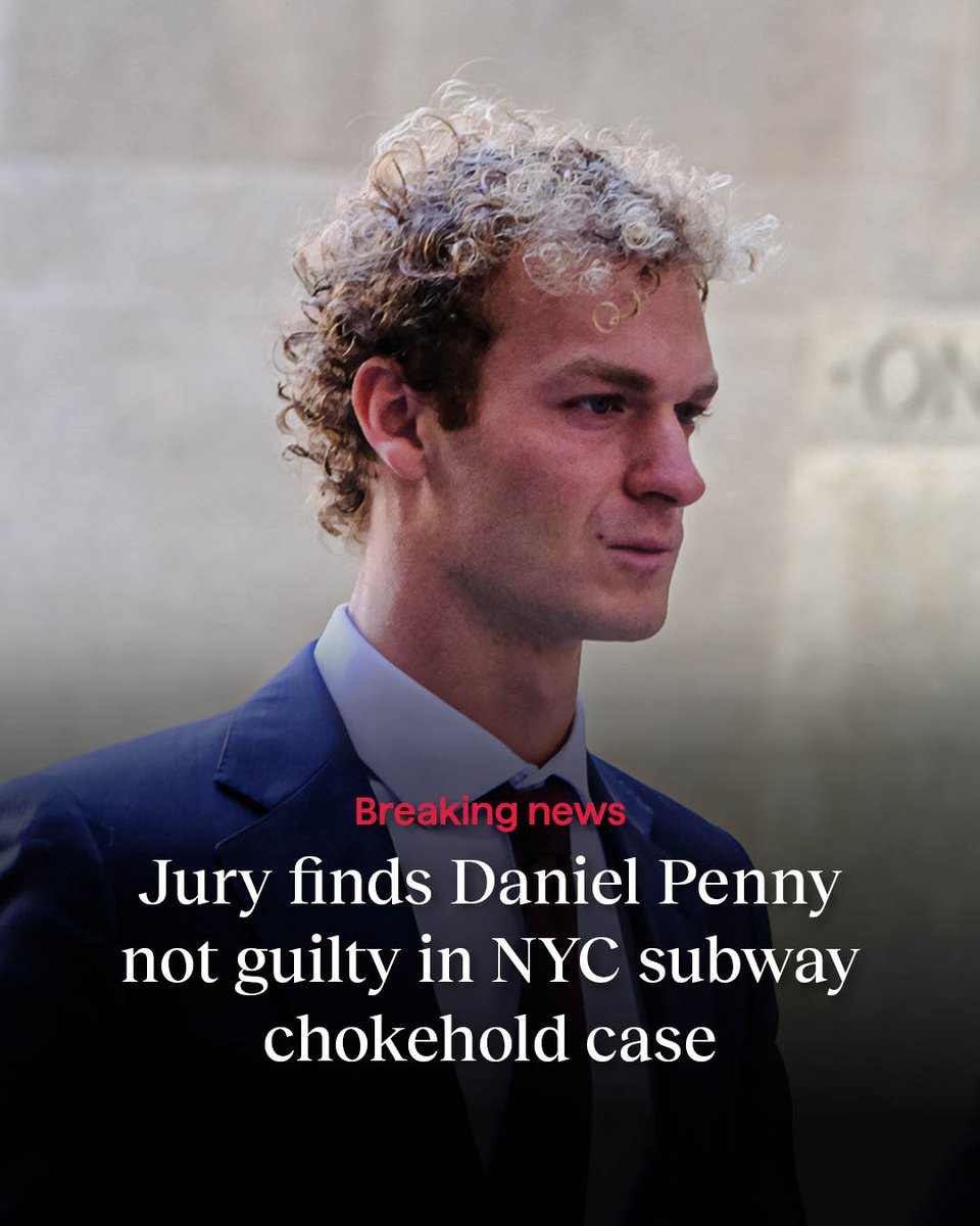 Gothamist's tweet image. A Manhattan jury has found Daniel Penny — a former Marine accused of fatally choking a homeless man on a subway last year — not guilty of criminally negligent homicide: bit.ly/49xJCiO