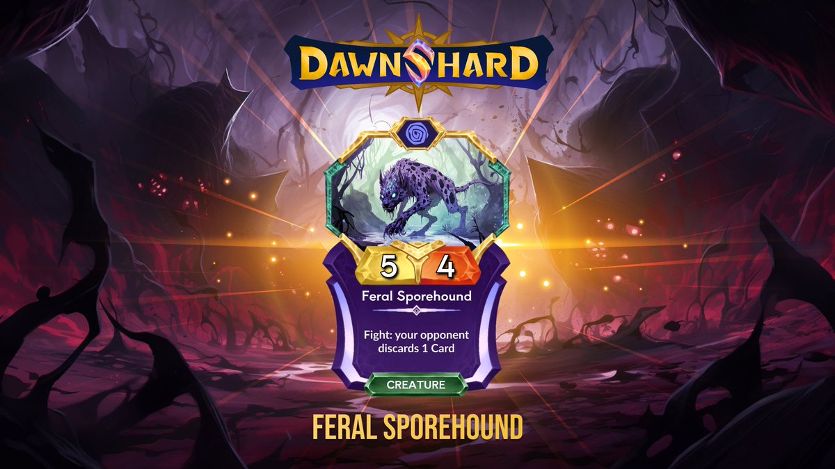 "To witness a Sporehound is to glimpse nature’s cruelest experiment, perfected by the purple mist"

The Feral Sporehound fights with savagery and cunning, forcing your opponent to discard a card whenever it clashes. 

A perfect tool for disruption—will you command its chaos?