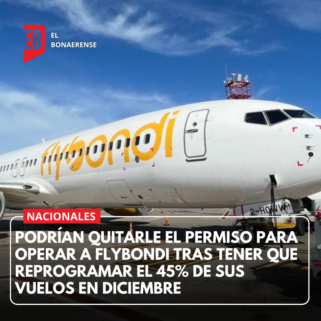 elbonanews's tweet image. 🔴Podrían quitarle el permiso para operar a #Flybondi tras tener que #reprogramar el 45% de sus #vuelos en #Diciembre

👉La #aerolínea más #barata del #País podría cerrar e incluso el #GobiernoNacional analiza #multar a la #empresa con $200 millones.

elbonaerense.news/2024/12/09/pod……