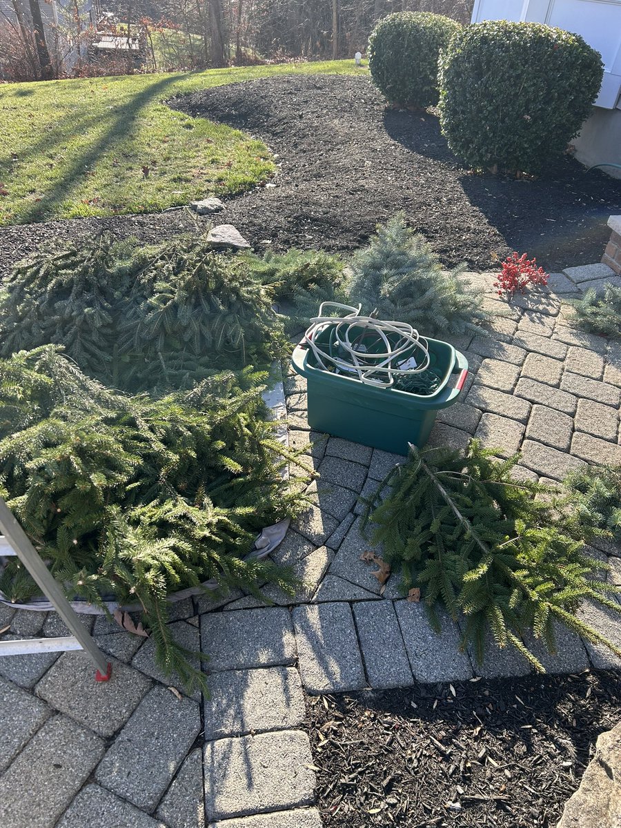 The last Christmas door at this house. Where it will be in the coming years is still undecided. 

This was the 22nd door.  The process takes about 8 hours, collecting the greens, repairing the frames, weaving  the greens into the chicken wire.  Yesterday was unseasonably warm but