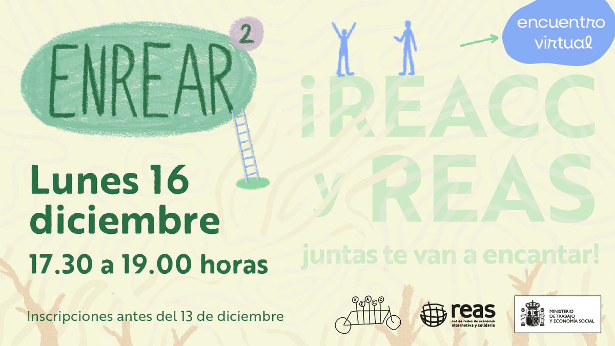 #enREAr2 😍

Participa de este 2do encuentro <a href="/Reas_Red/">Reas_Red</a> y <a href="/ReaccRed/">RedREACC</a> para seguir trazando caminos donde intercooperar juntas 🧶

📆16 de diciembre 
⏰17.30 a 19.00 hrs
#Virtual 

👉 Infórmate e inscríbete aquí hasta el 13 de dic: reacc.org/enrear-2-reacc…

¿Te sumas? 😊
