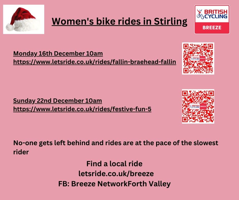 Two @breezescotland women's bike rides coming up in #Stirling &amp; #fallin.  We ride at the pace of the slowest rider. New riders especially welcome. Get some fresh air amidst the festive madness  shorturl.at/22heJ. shorturl.at/zWfjh #SheCanSheWill <a href="/activestirling1/">Active Stirling Ltd</a>