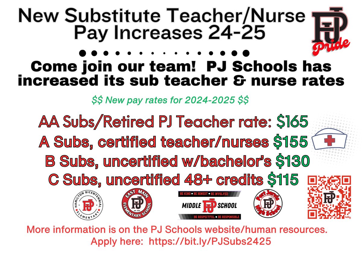 pjschools's tweet image. Looking to get started in PORT Schools?  Subbing is a great way to meet people &amp;amp; build relationships.  Also, the pay rates have just increased.  Apply today here:  bit.ly/PJSubs2425
*These new rates are effective 12/2/24
#GoPORT!