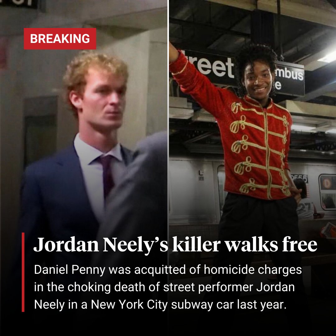 democracynow's tweet image. Daniel Penny, a former U.S. marine who choked homeless street performer Jordan Neely to death on a subway last May, has been acquitted of criminally negligent homicide.
