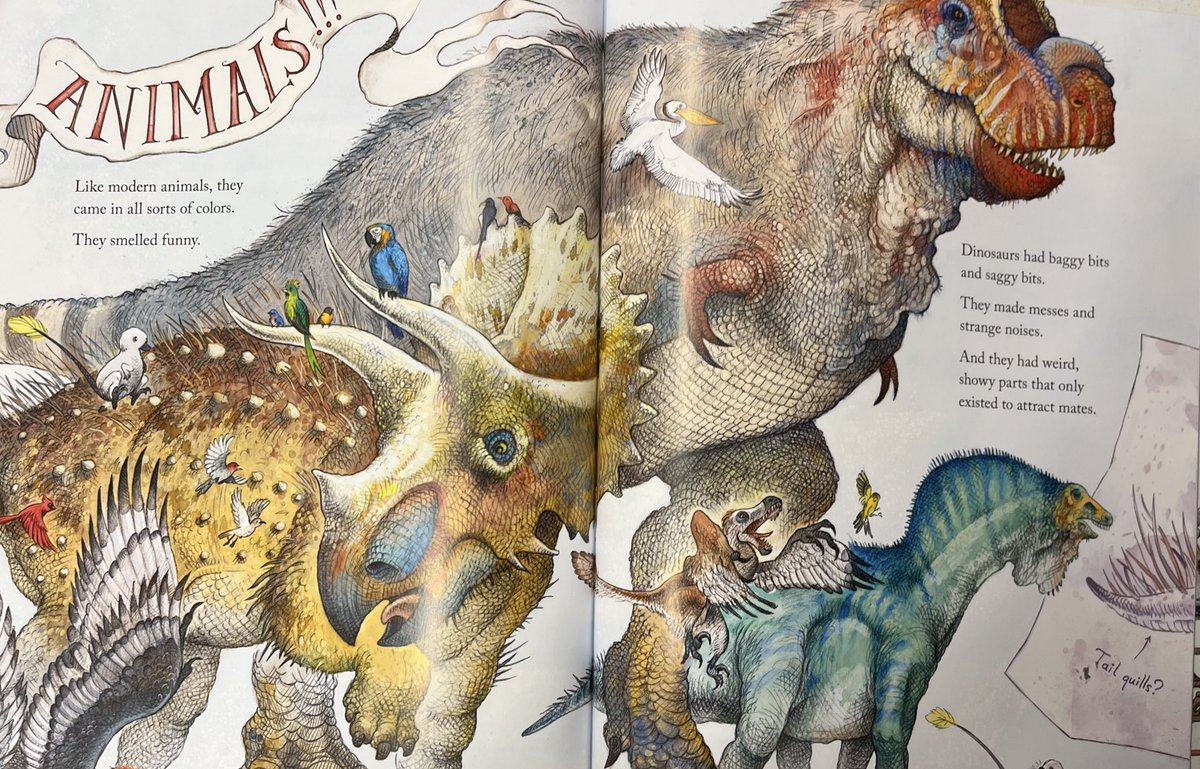 Joint No. 1 in my #FavePicturebooks24 is…

“The Iguanadon’s Horn” by @SeanCRubin. It is a truly brilliant exploration of changing understanding. It creates a picture of how in science, art and imagination are part of the process to finding answers. Exceptional #PicturebookPage