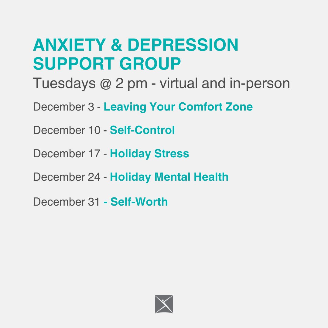 Every Tuesday at 2 pm the Peer Support program hosts a virtual and in-person Anxiety and Depression Group. 

Here are the topics for December.

For more information
📷705-498-9925
📷peersupport@nbd.cmha.ca
To register for virtual option: forms.office.com/r/ffehzf8GjD