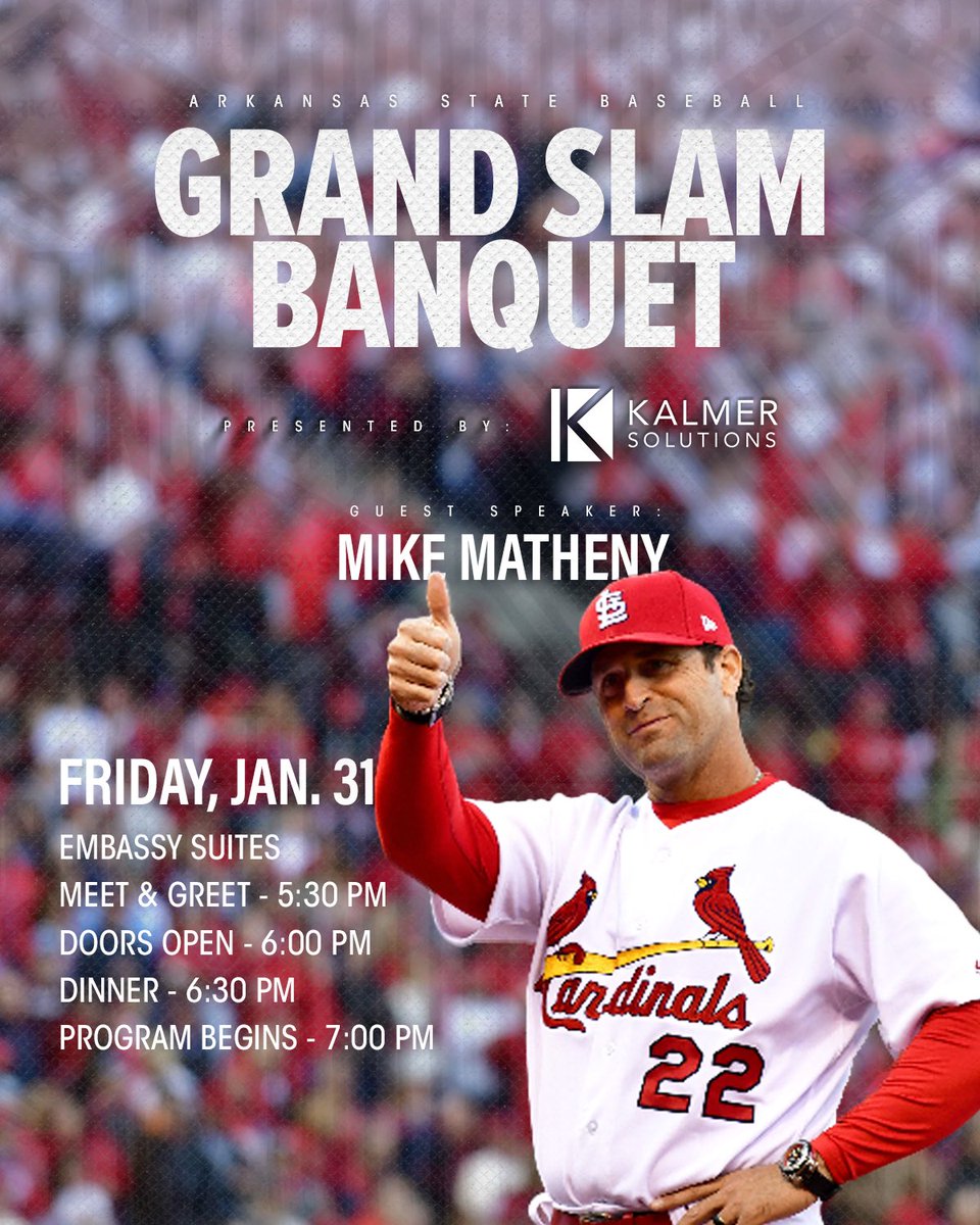 𝗚𝗥𝗔𝗡𝗗 𝗦𝗟𝗔𝗠 📈

Mike Matheny is coming to Jonesboro on Friday, Jan. 31, for the annual Grand Slam Banquet presented by <a href="/KalmerSolutions/">Kalmer Solutions</a>—sponsorship and ticket options are on sale 𝗡𝗢𝗪. ⤵️

𝗧𝗜𝗫 » onecau.se/2025grandslam