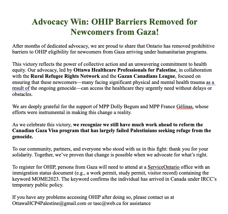 Good news. Canada's Gaza special measures program has been a lethal failure. Any move forward has only come  from community  advocacy. Today we celebrate one of those moves forward, ensuring that Gazans arriving in Ontario can finally access desperately needed health care.