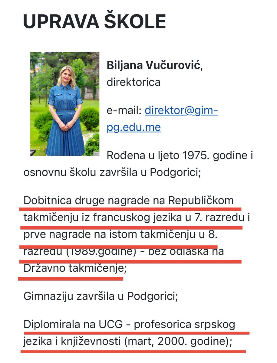 Ugrozena direktorka Gimnazije osim sto je studirala 7 godina, i zaposlila se odmah nakon studija (!) u 7.razredu je dobila drugu nagradu na takmicenju iz Francuskog jezika sto ponosno istice i svom CV.
Ovakve kadrove trebamo!
Ona i muz, talentovani bas kao i mladjani Mandic🤡