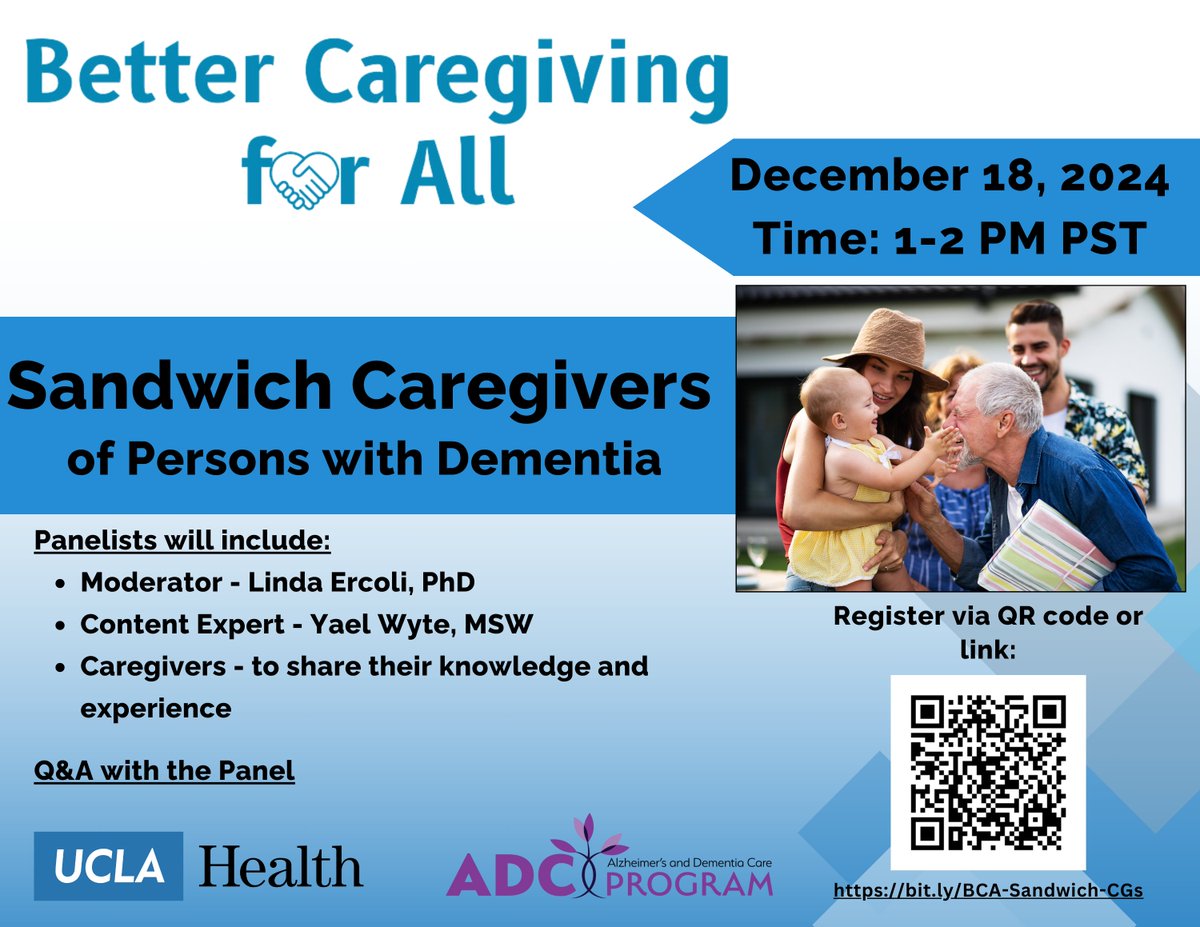 theadcprogram's tweet photo. The last Better Caregiving for All webinar of 2024 will be held next week.

Topic: Sandwich Caregivers of PLWD
Date: Wed. December 18, 2024
Time: 1-2 pm PST
Registration link: https://t.co/aGmSK1CR57

We look forward to having you join us! https://t.co/MSVCmXiKwl