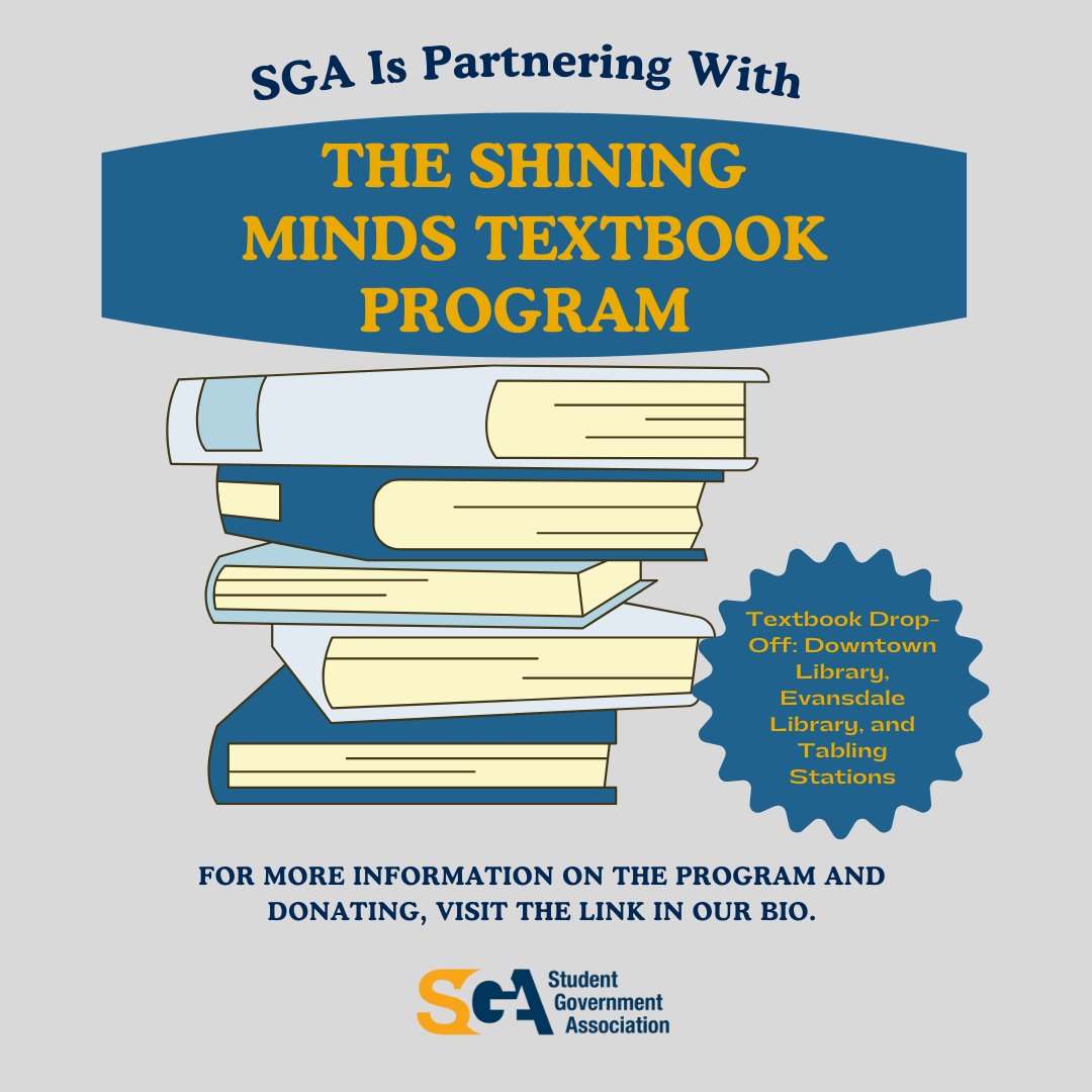 sgawvu's tweet photo. Donate your used textbooks to the shining minds textbook program! Find us tabling Tuesday and Wednesday this week at the Mountainlair, Evansdale Crossing, and HSC. The Downtown and Evansdale Libraries will also be collecting donated textbooks. Happy Last Week of Classes! https://t.co/VwRA9KEm6I