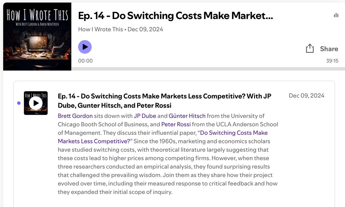 📣new "How I Wrote This" podcast episode!  I spoke with <a href="/jdube6/">Jean-Pierre Dube</a> <a href="/Guenter_Hitsch/">Günter J. Hitsch</a> &amp; Peter Rossi about their paper, "Do Switching Costs Make Markets Less Competitive?"  Listen wherever you get your podcasts or here's a link: creators.spotify.com/pod/show/hiwtp…