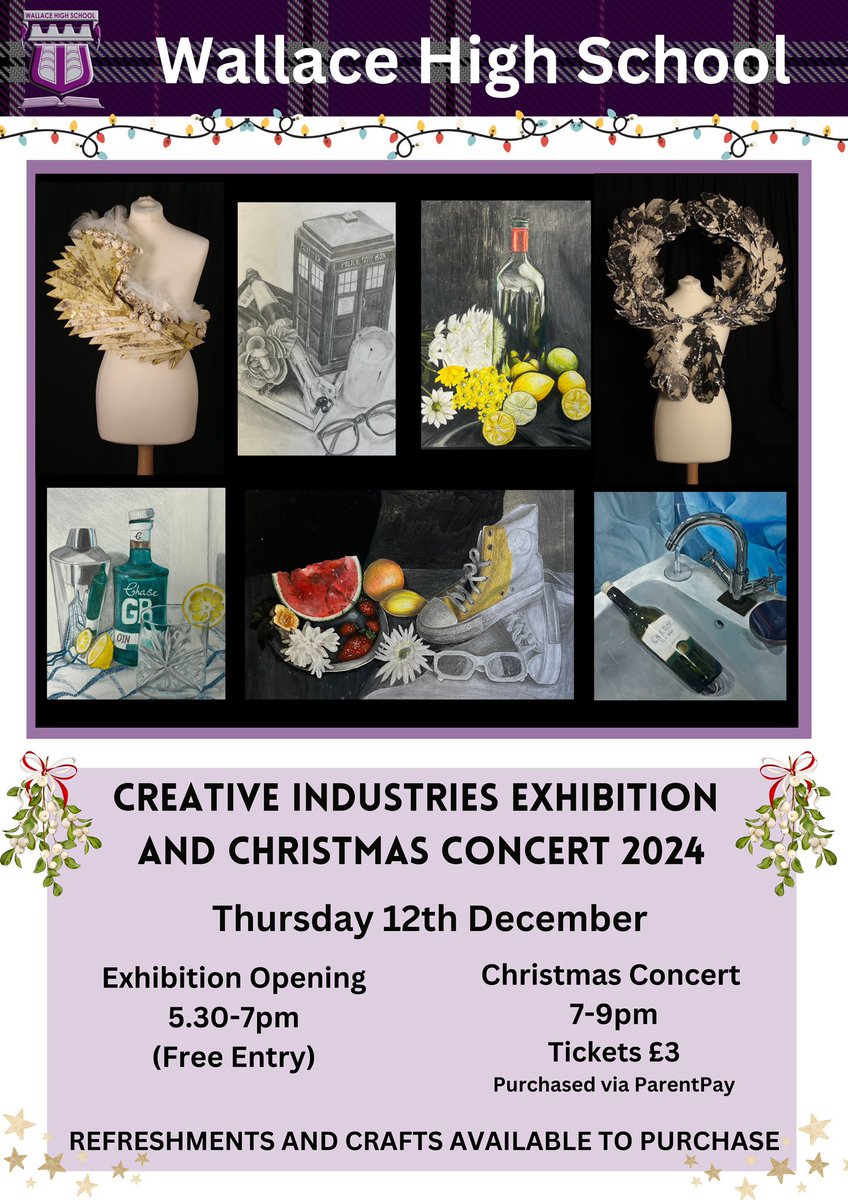 Creative Industries (@whs_creative) on Twitter photo A reminder that our annual Christmas concert is this Thursday (Β£3 via ParentPay)
Our Nat5/Higher Art and Design exhibition, including Christmas market stalls and bratwurst is open from 5:30-7pm. Free entry.
Come along and celebrate our talented Creative Industries pupils π¨π΅ A reminder that our annual Christmas concert is this Thursday (Β£3 via ParentPay)
Our Nat5/Higher Art and Design exhibition, including Christmas market stalls and bratwurst is open from 5:30-7pm. Free entry.
Come along and celebrate our talented Creative Industries pupils π¨π΅