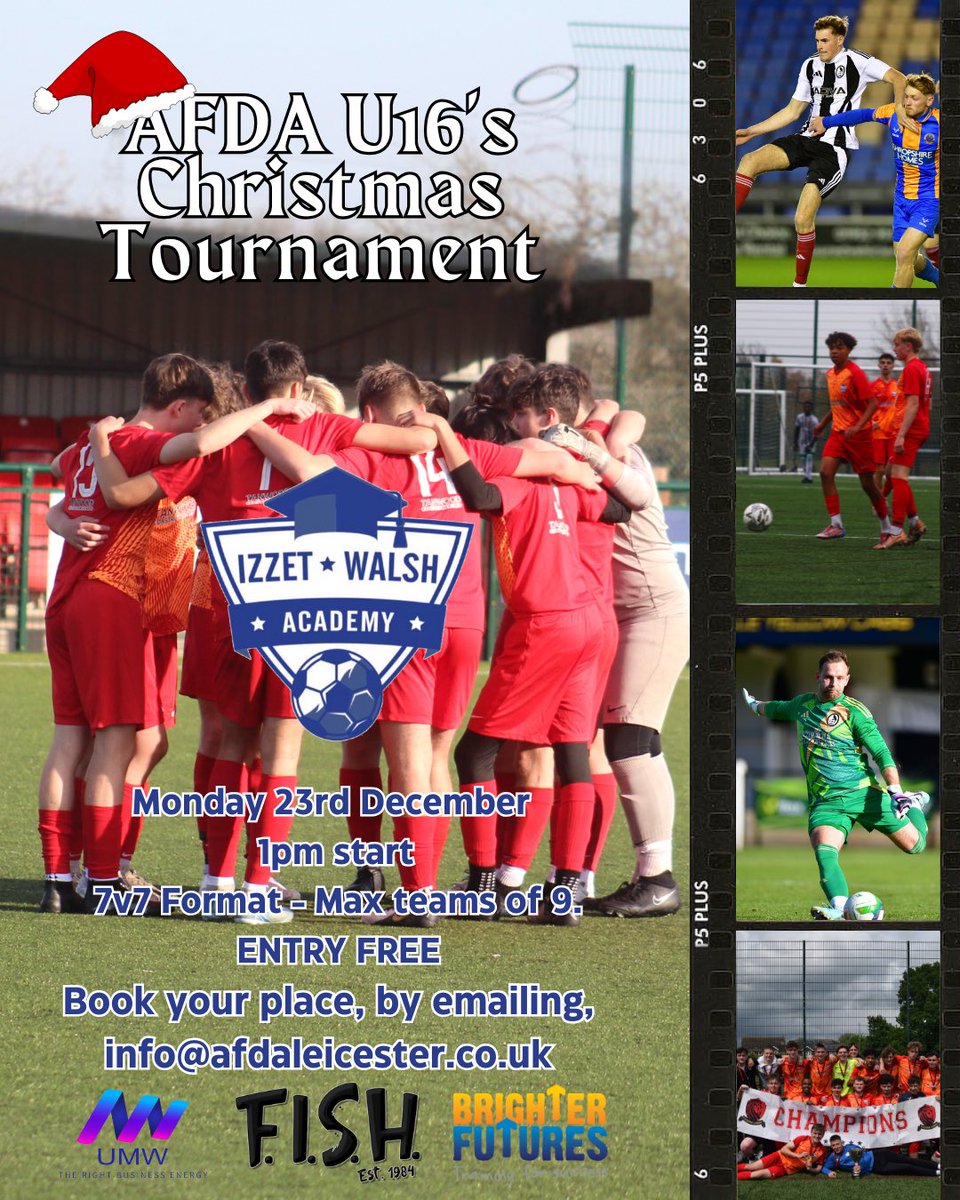 AFDA Education Hub (@afdacademy) on Twitter photo We are happy to announce details for our upcoming U16 tournament at <a href="/coalvilletownfc/">Coalville Town FC</a>, on Monday 23rd December 2024.
To enter your team, or for more information, please contact info@afdaleicester.co.uk.
Individual players, can opt to join an AFDA team. We are happy to announce details for our upcoming U16 tournament at <a href="/coalvilletownfc/">Coalville Town FC</a>, on Monday 23rd December 2024.
To enter your team, or for more information, please contact info@afdaleicester.co.uk.
Individual players, can opt to join an AFDA team.