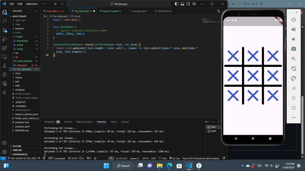 GFasedemi's tweet image. Day 7

Tic tac toe

Learnings
- Switch case
- Alert dialogue

codebase

#30DaysOfFlutter 
#30daysofcode 
#flutter 
#mobileapp
