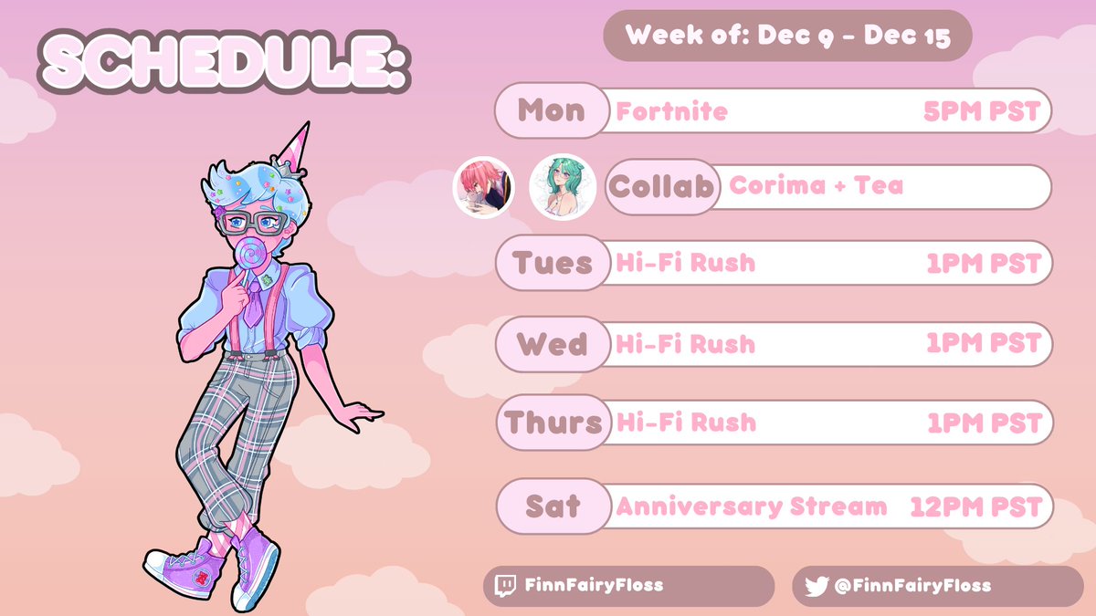 FinnFairyFloss's tweet photo. Look at me, making a schedule! CRAZY

Today I'll be over on Tea's stream playing Fortnite!

This week I'll be playing thru Hi-Fi Rush for the first time.

Then I'm going to have my 1 year Anniversary Stream on Saturday!!!! Be there or be square!!! https://t.co/fEyluiVPJt