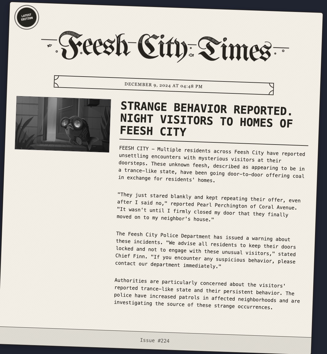 BrockMcBreadcat's tweet photo. BREAKING NEWS!   Strange Feesh going Door to Door in Feesh City Neighborhoods on the Night before Feeshmas! https://t.co/nF5LLHP97p
