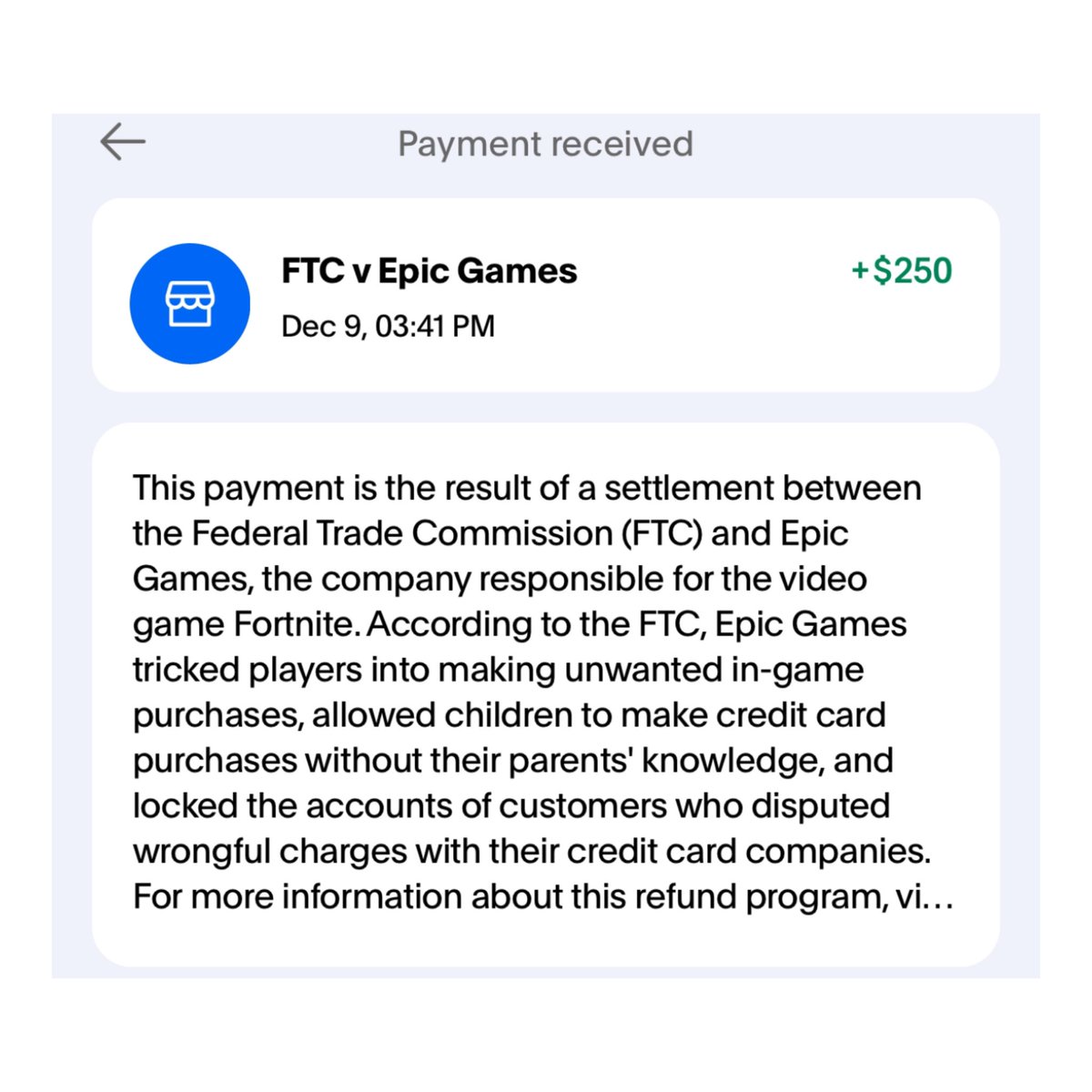 scubaryan_'s tweet image. the FTC and Epic Games are currently sending refund payments to consumers impacted by Epic Games “unlawful” practices

over $72M will be issued in refunds for people who got “tricked” into making unwanted purchases